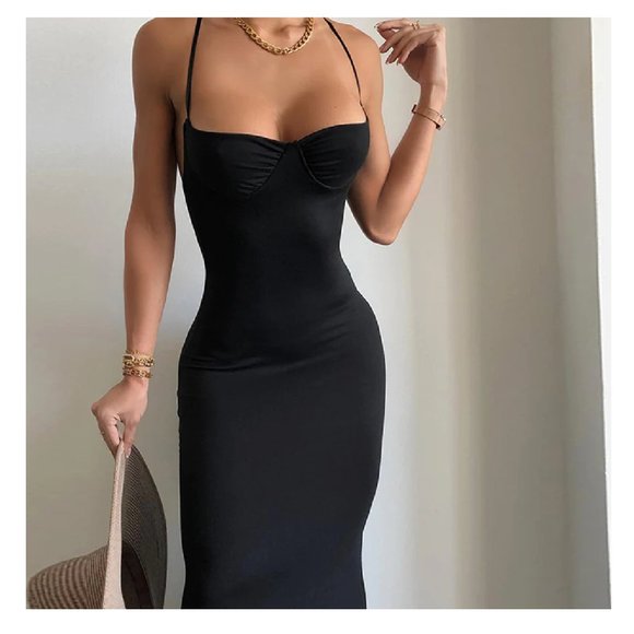 Black Bodycon Backless Dress Spaghetti Strap Long Formal Dress Evening Dress - Picture 2 of 8